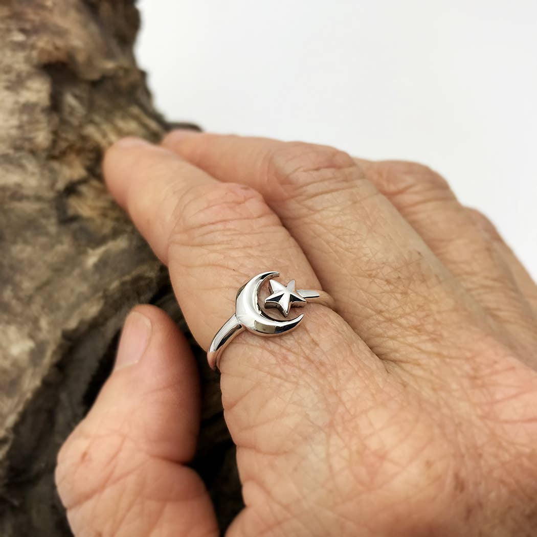 Sterling Silver Adjustable Ring - Moon And Star