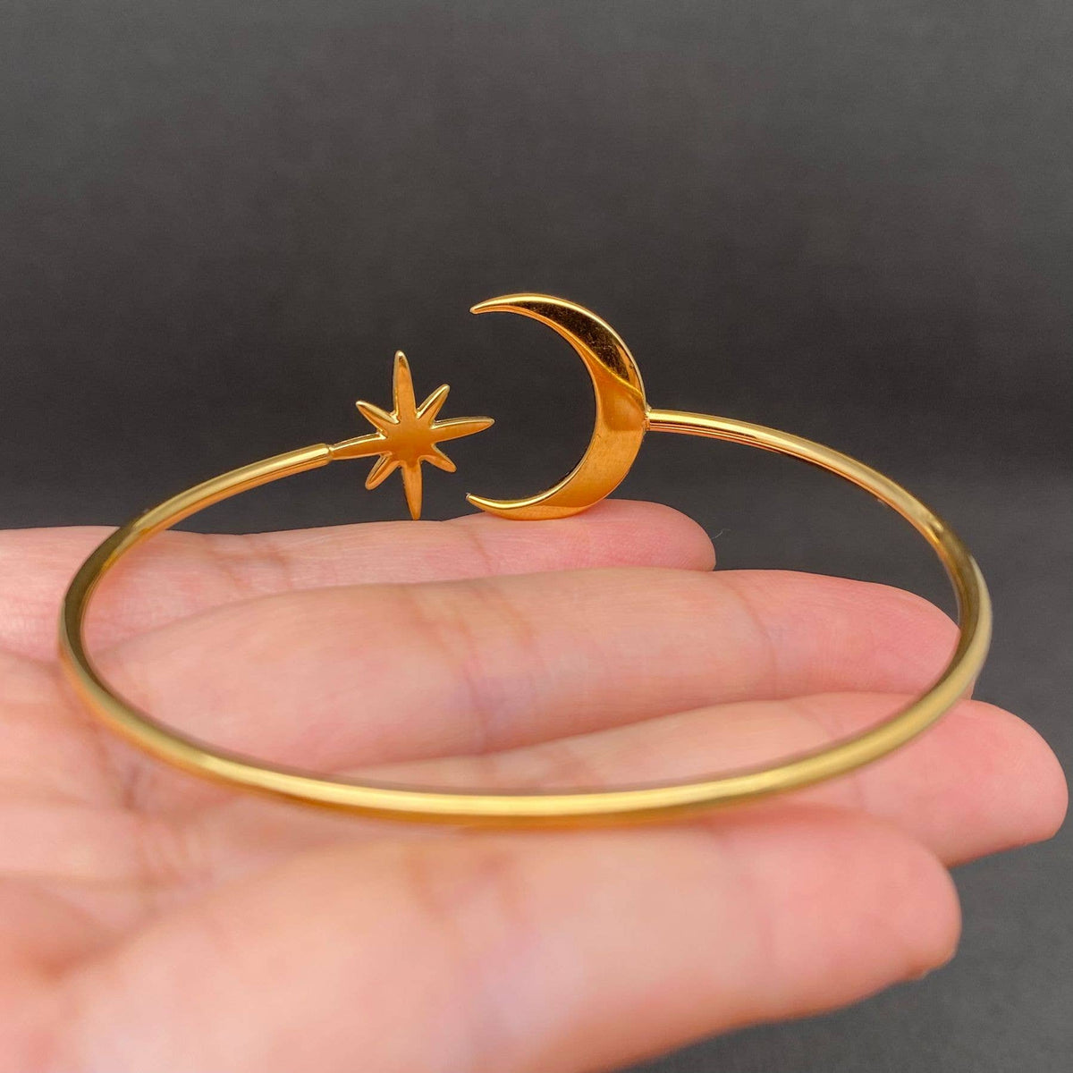 Zircon Inlaid Star & Moon 18K Gold Plated Stainless Steel Cuff