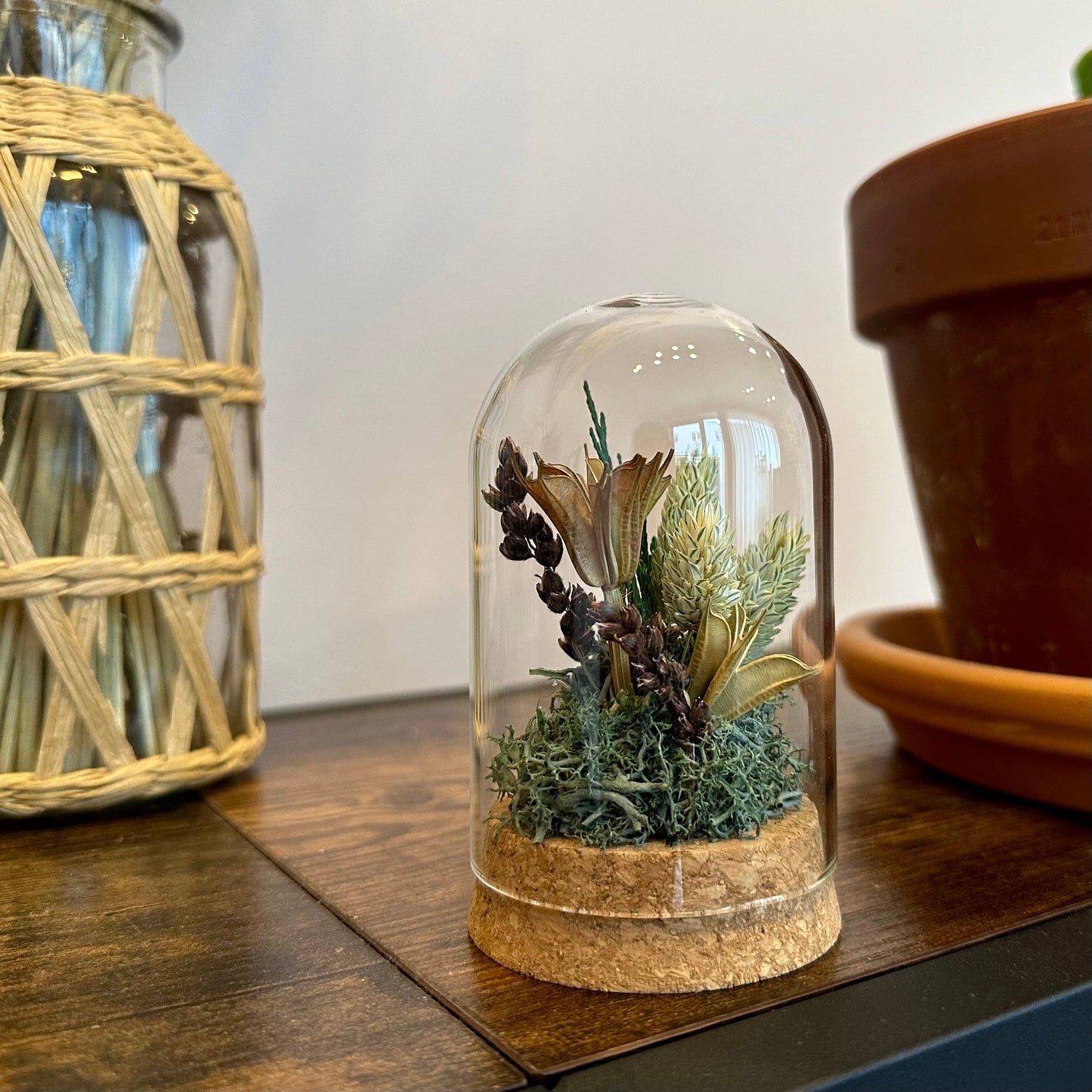 Large Botanical Glass Terrarium Jar w. Green Dried Florals: Short