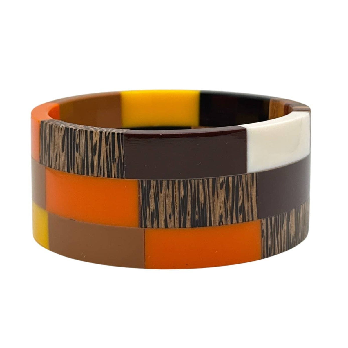 Retro Mosaic Coco Wood Block Resin Bangle–Warm Multicolor