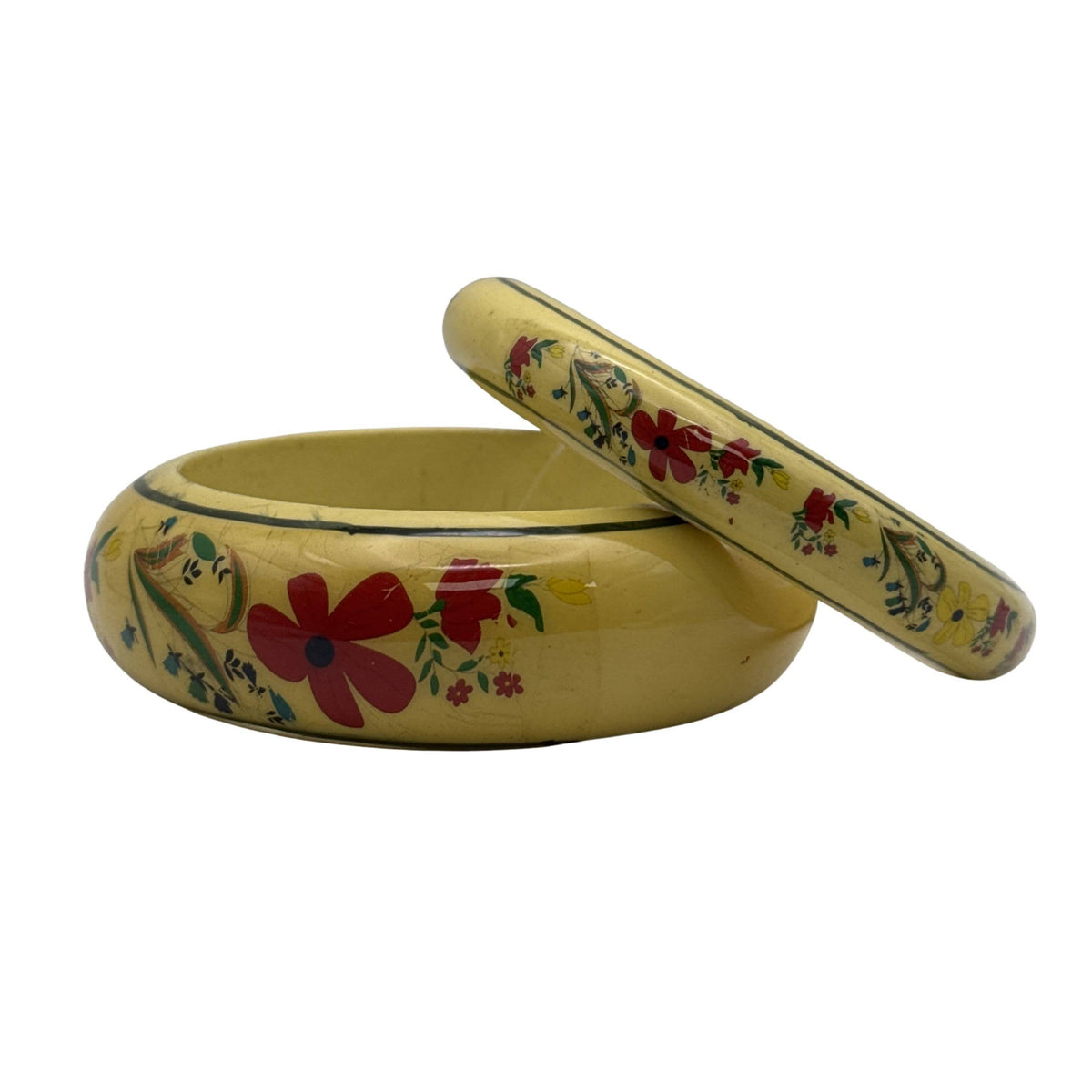 Hand Painted Wood Bangle With Floral Design Set Of 2Pc