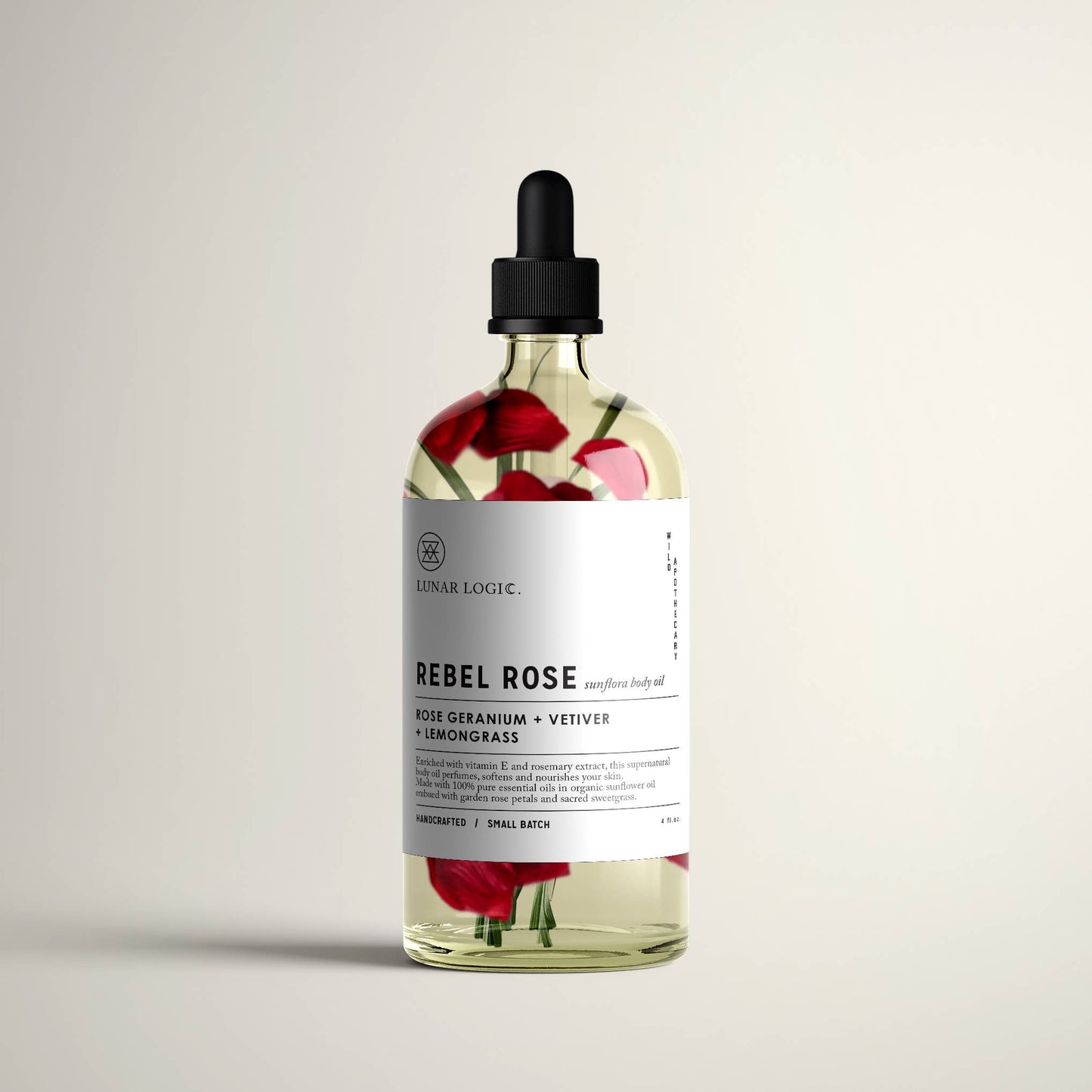 REBEL ROSE / Sunflora Body Oil: 4oz Glass Bottle with Glass Pipette
