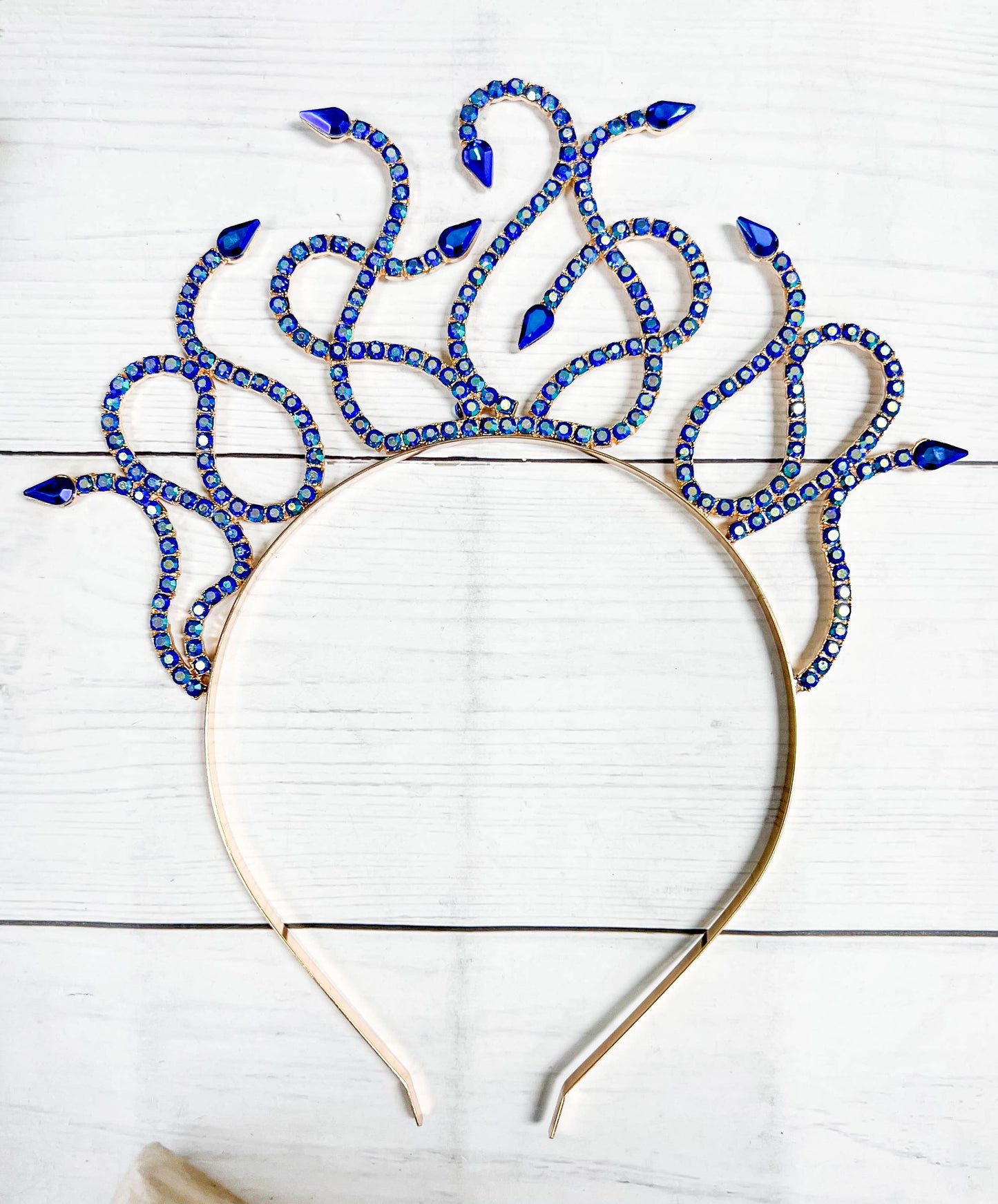 Sapphire Medusa Headband, Blue Crystal Crown, Gold Headband