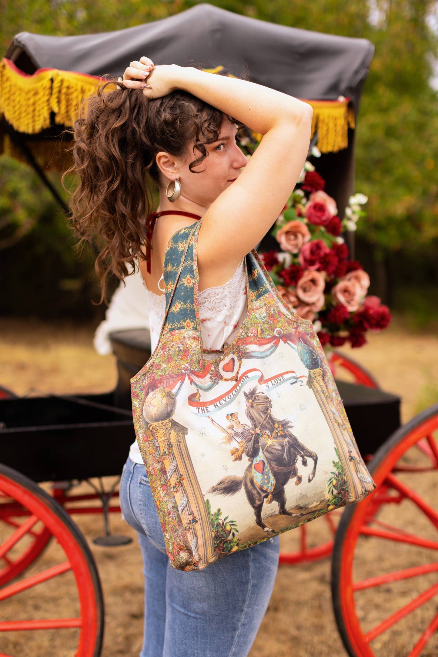 Love Revolution Boho Linen Tote Bag w/ Sun, Horse & Florals