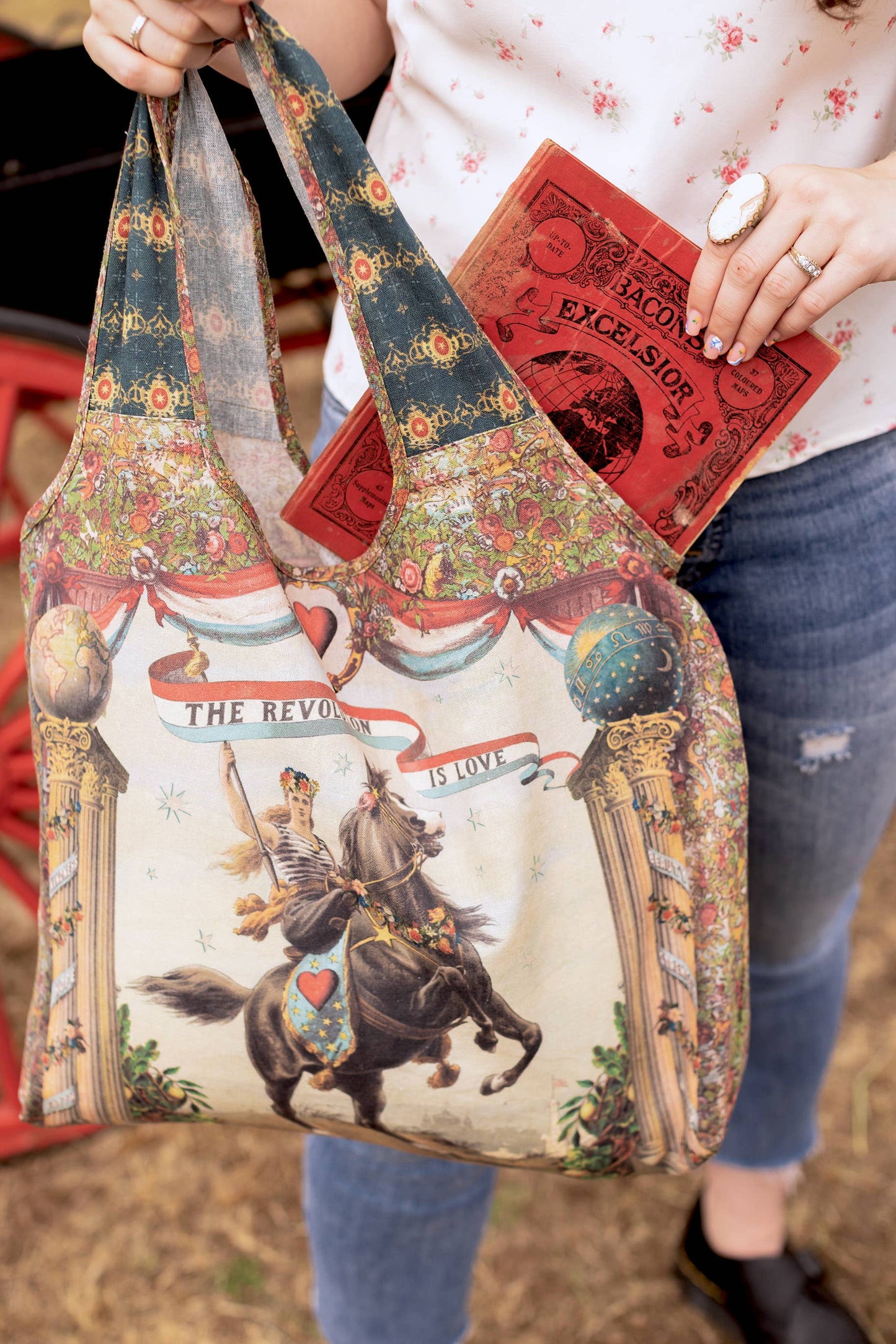 Love Revolution Boho Linen Tote Bag w/ Sun, Horse & Florals