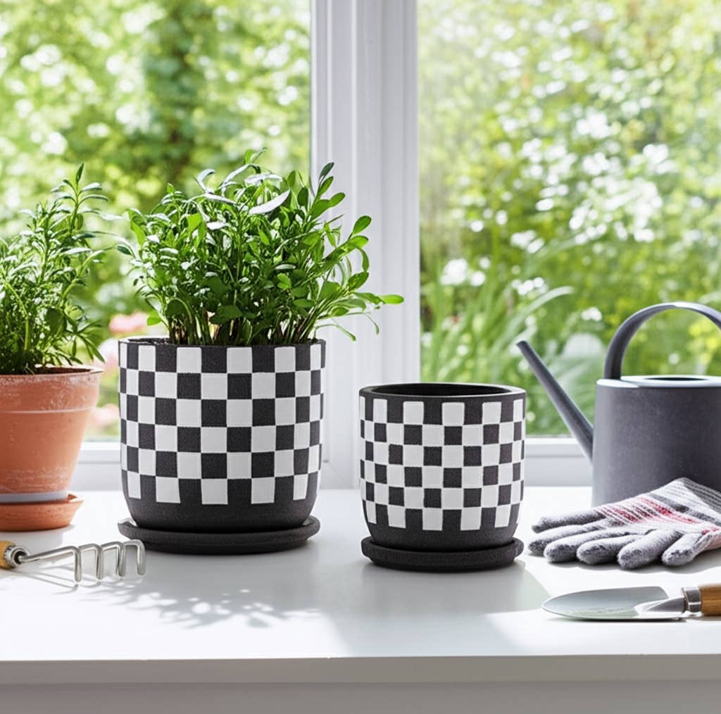 Ceramic Checkerboard Saucer Planter- Large