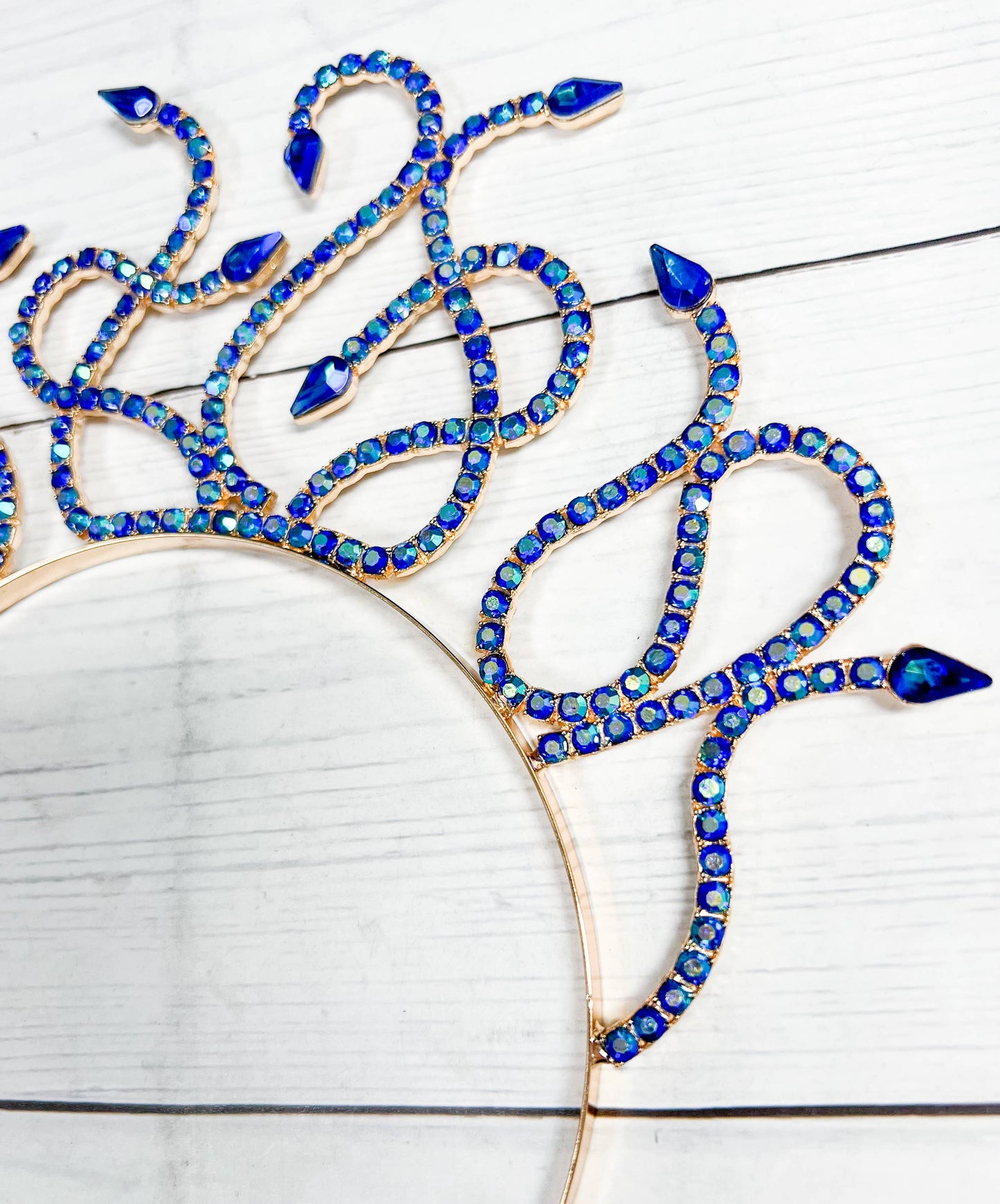 Sapphire Medusa Headband, Blue Crystal Crown, Gold Headband