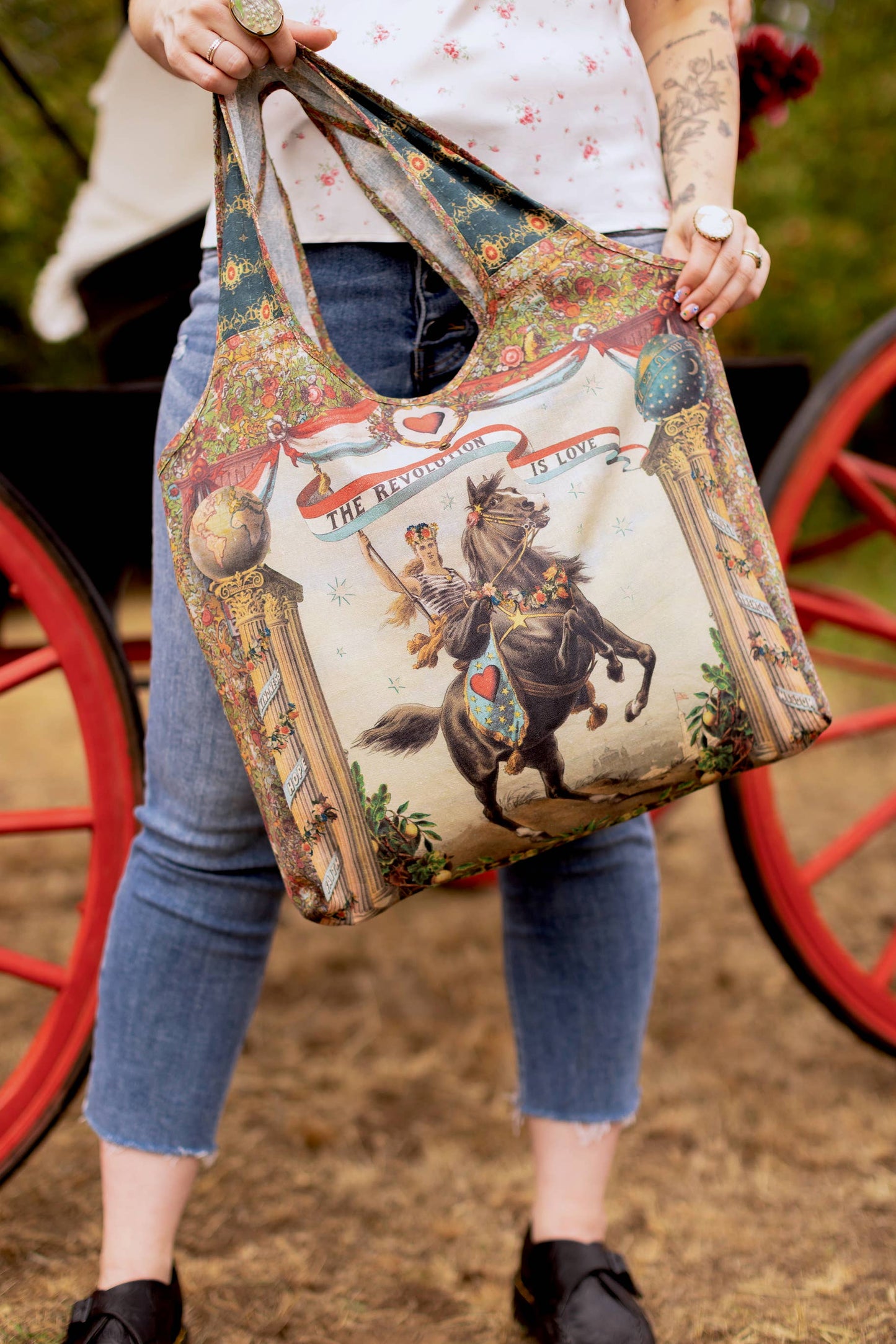 Love Revolution Boho Linen Tote Bag w/ Sun, Horse & Florals