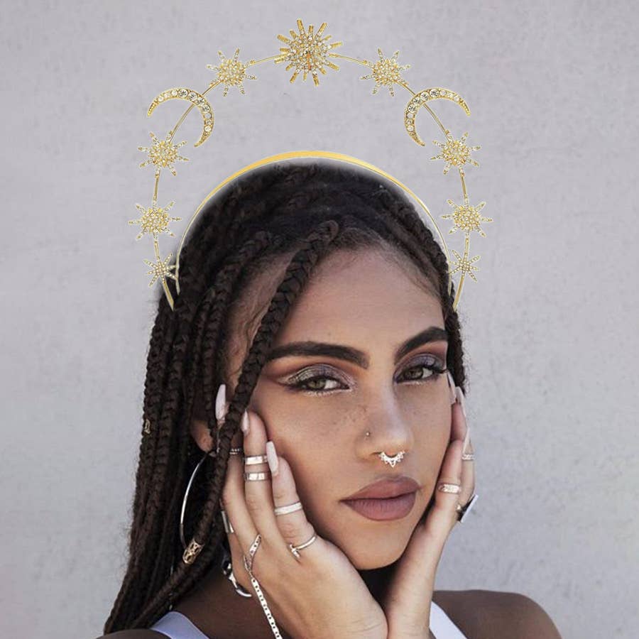 Sun Moon Stars Goddess Crown Halo Headband, Boho Headpiece