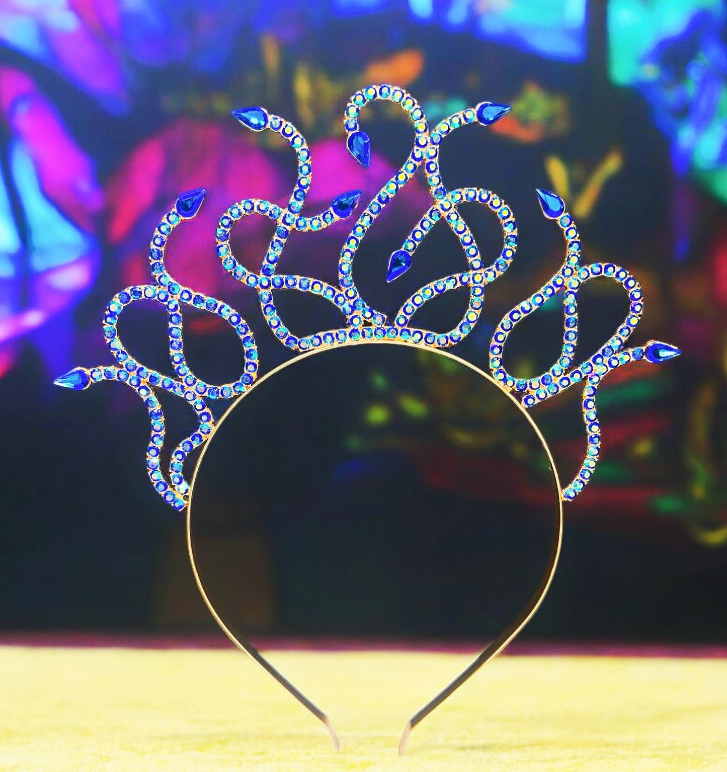 Sapphire Medusa Headband, Blue Crystal Crown, Gold Headband