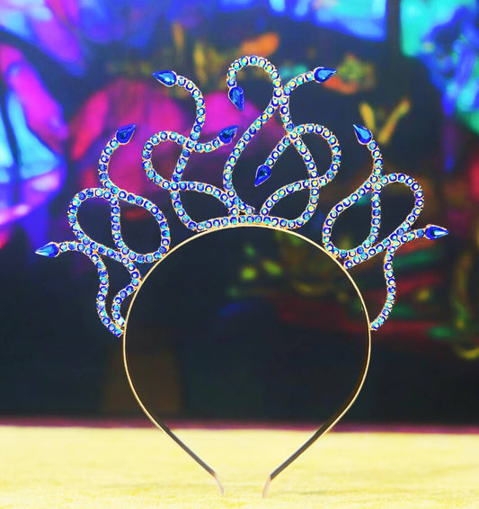 Sapphire Medusa Headband, Blue Crystal Crown, Gold Headband