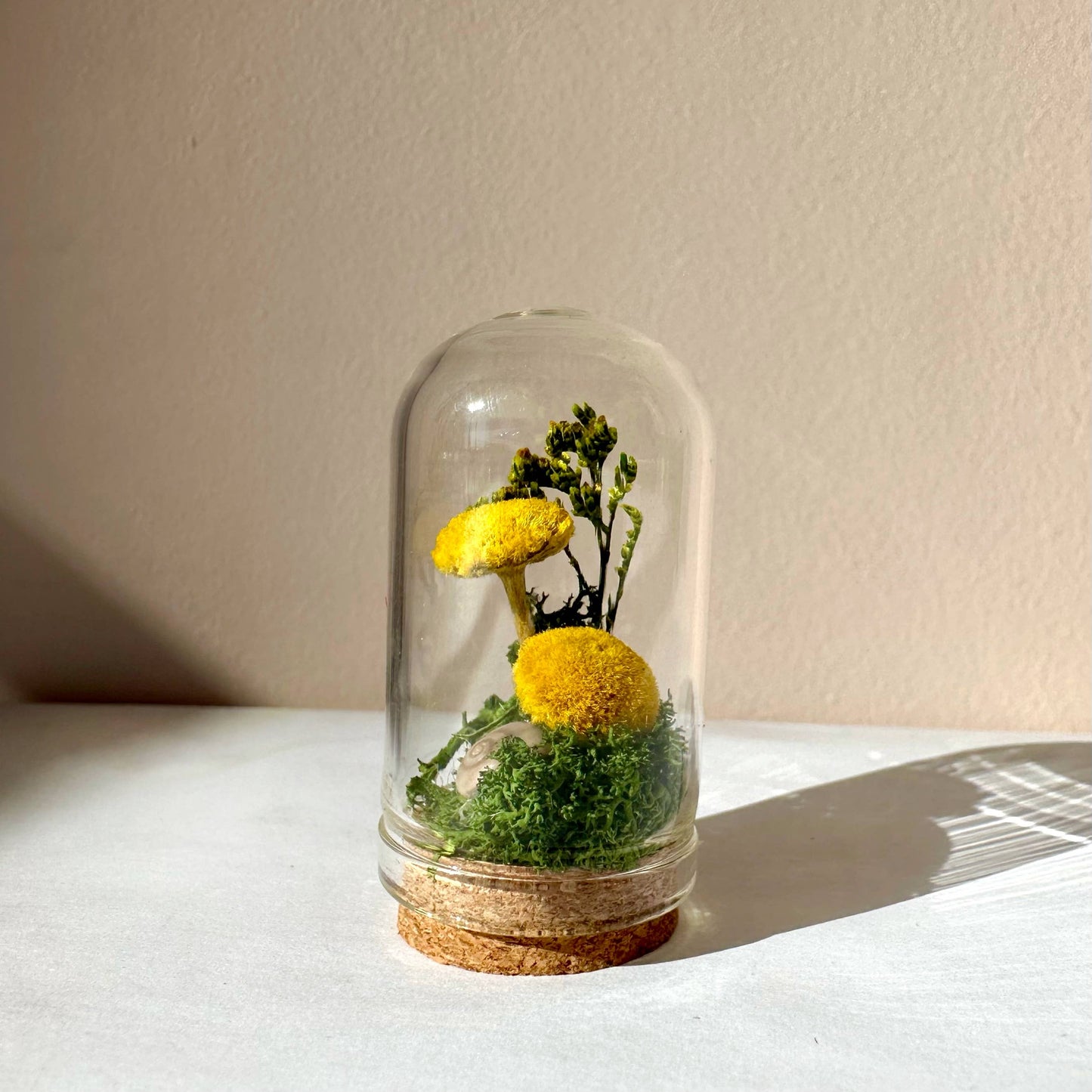 Yellow Mushroom Fields Mini Glass Terrarium w. Dried Florals: 2.75"
