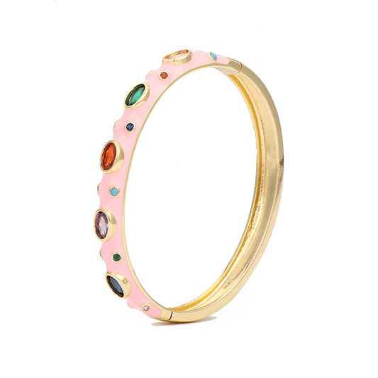 Inlaid Cubic Zirconia Gold Plated 8MM Enamel Bangle: Light Pink