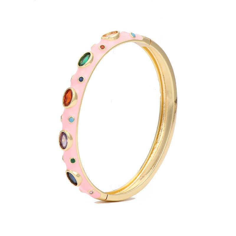 Inlaid Cubic Zirconia Gold Plated 8MM Enamel Bangle: Blue