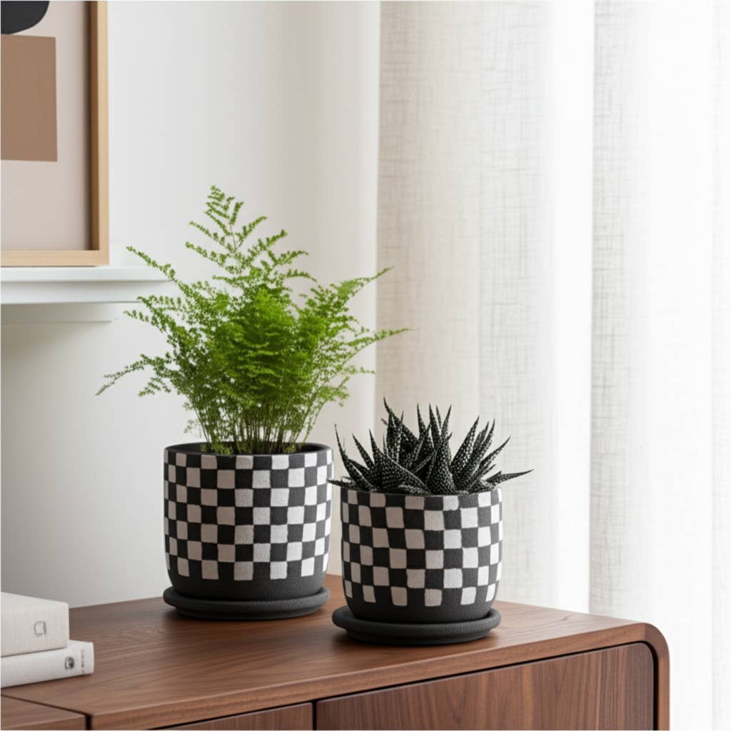 Ceramic Checkerboard Saucer Planter- Large