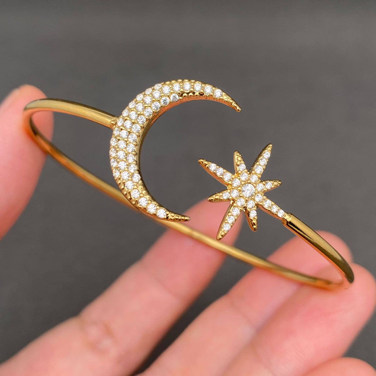 Zircon Inlaid Star & Moon 18K Gold Plated Stainless Steel Cuff