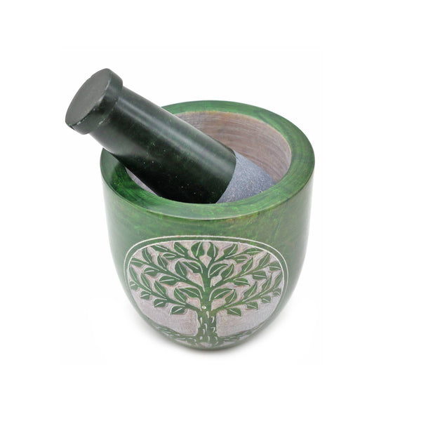 Soapstone Mortar & Pestle - Green Tree of Life (Tall)