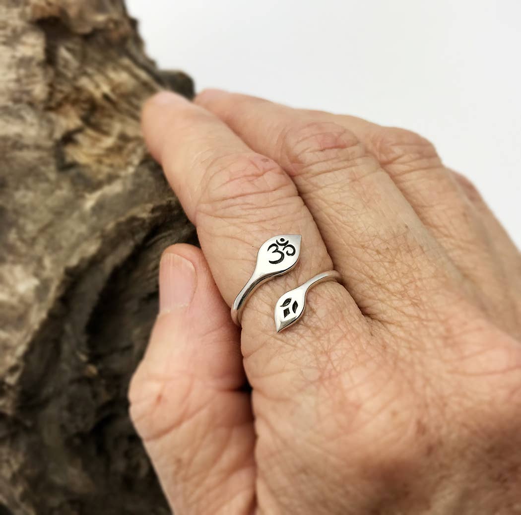 Adjustable Lotus and Om Ring: Recycled Sterling Silver