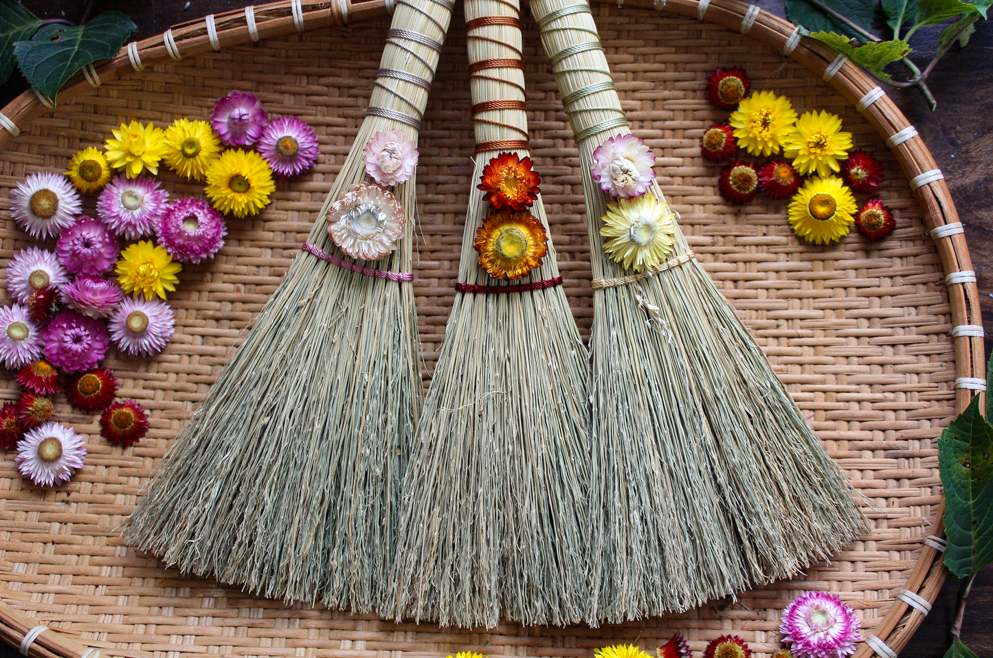 Stitched Strawflower Brooms - Natural