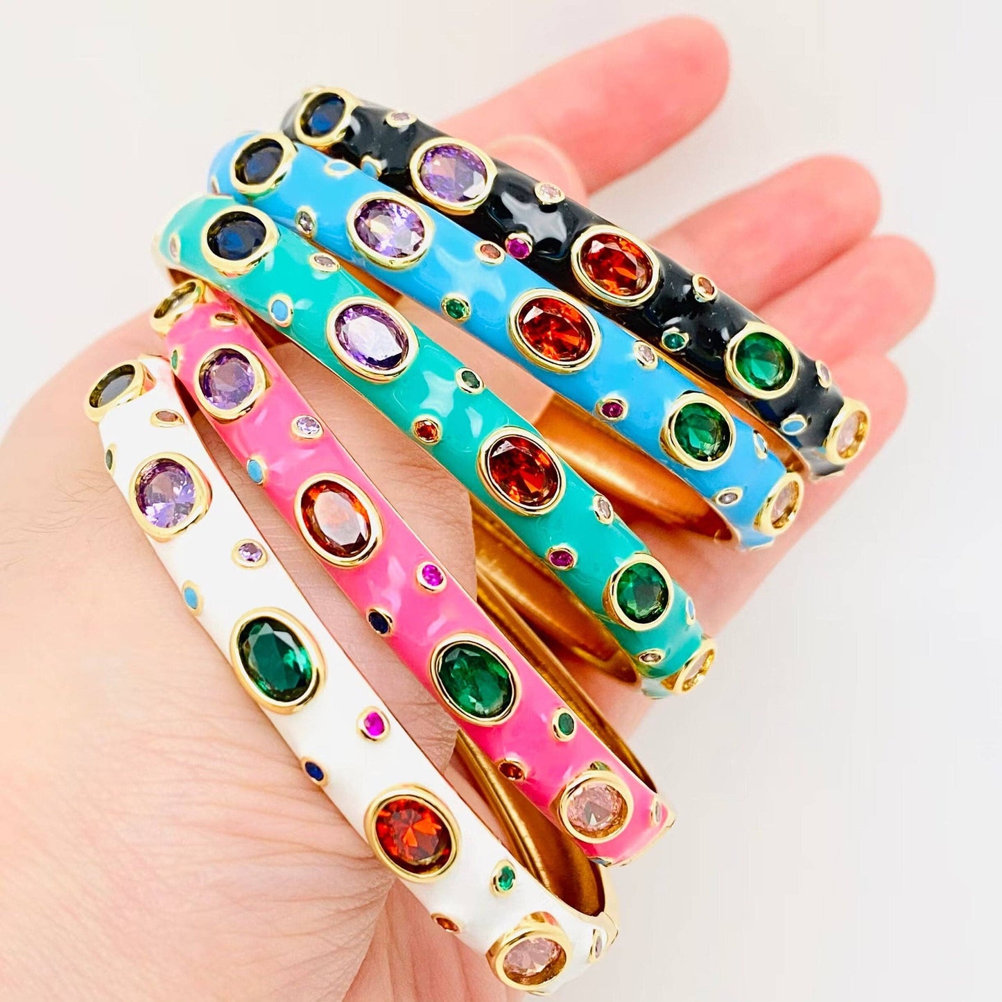 Inlaid Cubic Zirconia Gold Plated 8MM Enamel Bangle: Light Green