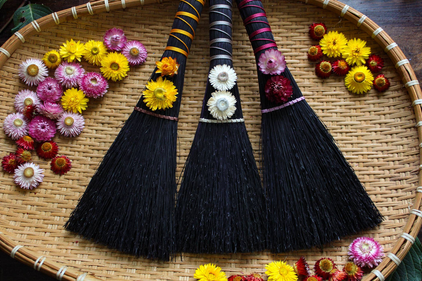 Stitched Strawflower Brooms - Black