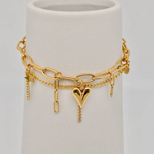 Star Heart Charm 18K Gold Plated Double Chain Bracelet - FGS