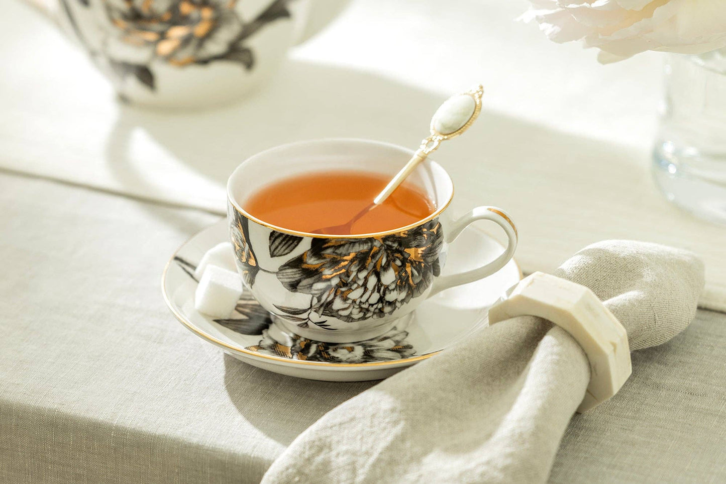 Black Gold Peony 7oz Fine Porcelain Tea Cup And Saucer