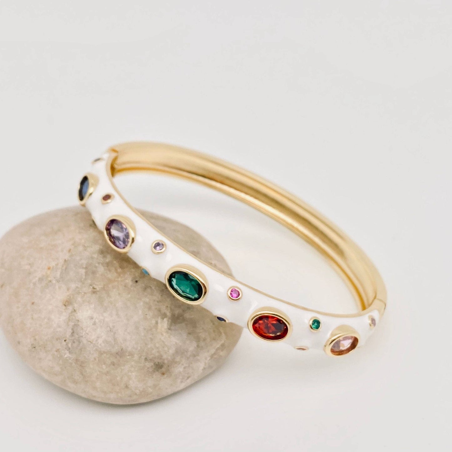 Inlaid Cubic Zirconia Gold Plated 8MM Enamel Bangle: Rose Red