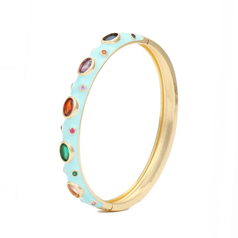 Inlaid Cubic Zirconia Gold Plated 8MM Enamel Bangle: Blue