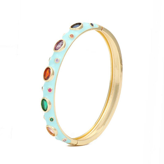 Inlaid Cubic Zirconia Gold Plated 8MM Enamel Bangle: Light Green