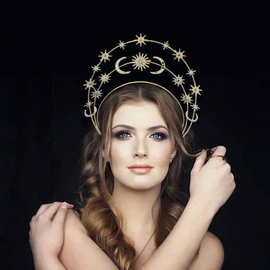Sun Moon Stars Goddess Crown Halo Headband, Boho Headpiece