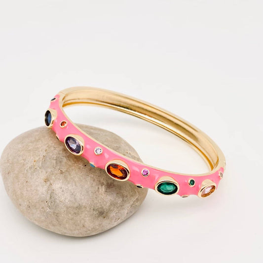 Inlaid Cubic Zirconia Gold Plated 8MM Enamel Bangle: Rose Red