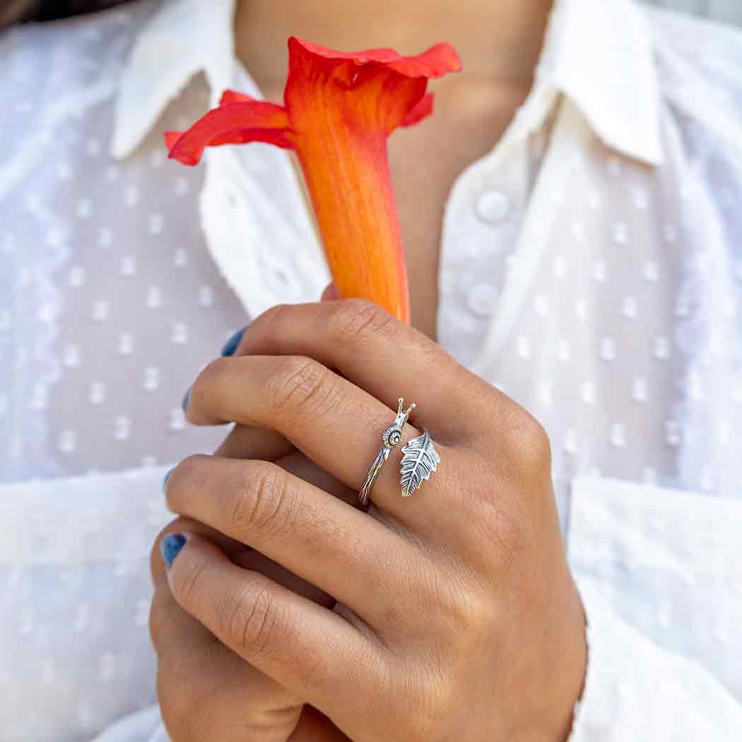 Sterling Silver Adjustable Snail And Leaf Ring