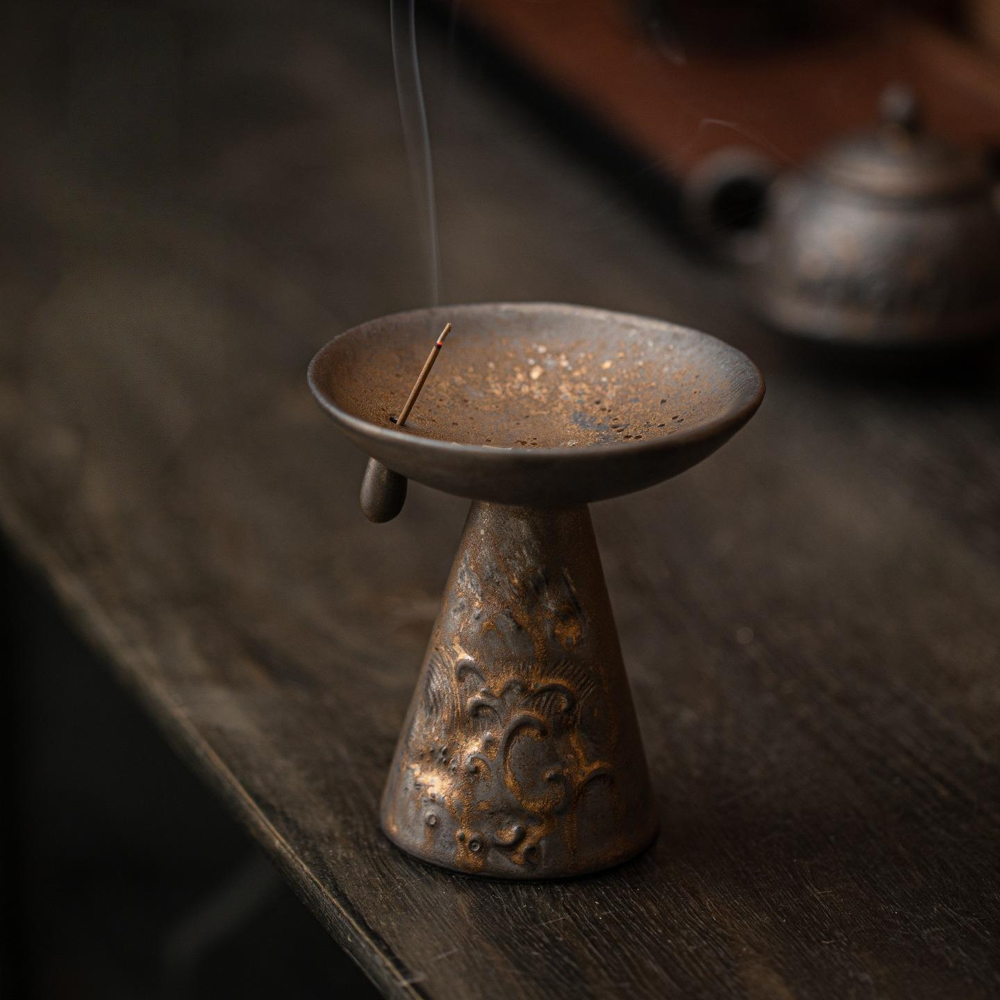 Gilded Iron Glaze - Wave Pattern Incense Burner/Candlestick: Bronze
