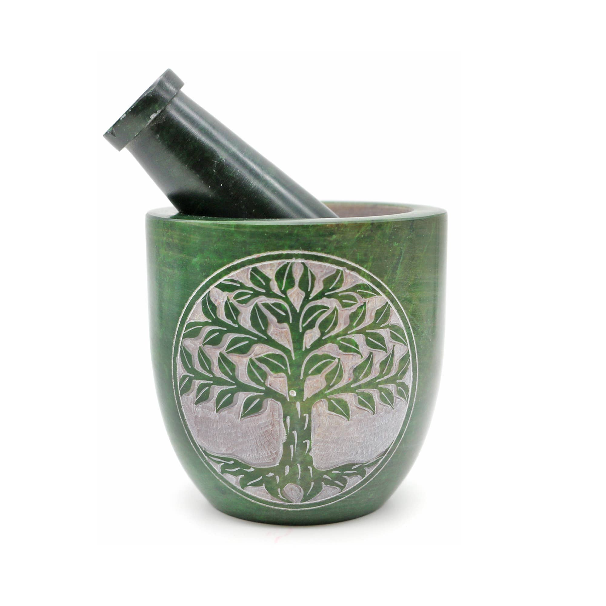 Soapstone Mortar & Pestle - Green Tree of Life (Tall)
