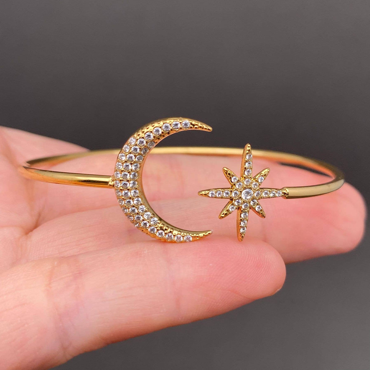 Zircon Inlaid Star & Moon 18K Gold Plated Stainless Steel Cuff