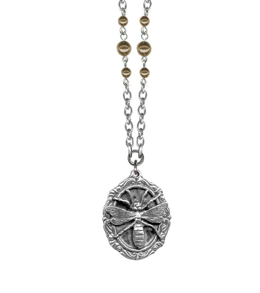 Necklace - Rockware With Beaded Chain - Wasp Plaque Pendant: Green Opal Glass Beads