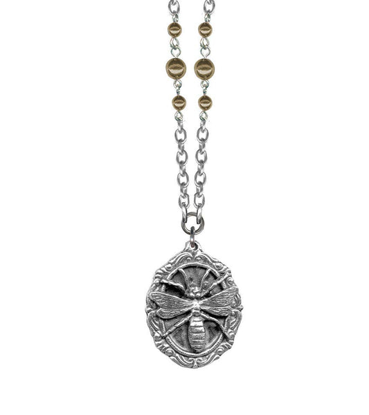 Necklace - Rockware With Beaded Chain - Wasp Plaque Pendant: Green Opal Glass Beads