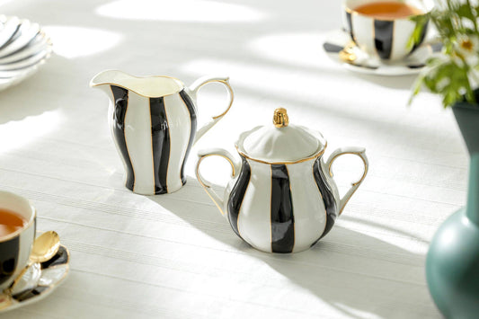 Black And White Scallop Fine Porcelain Sugar And Creamer Set