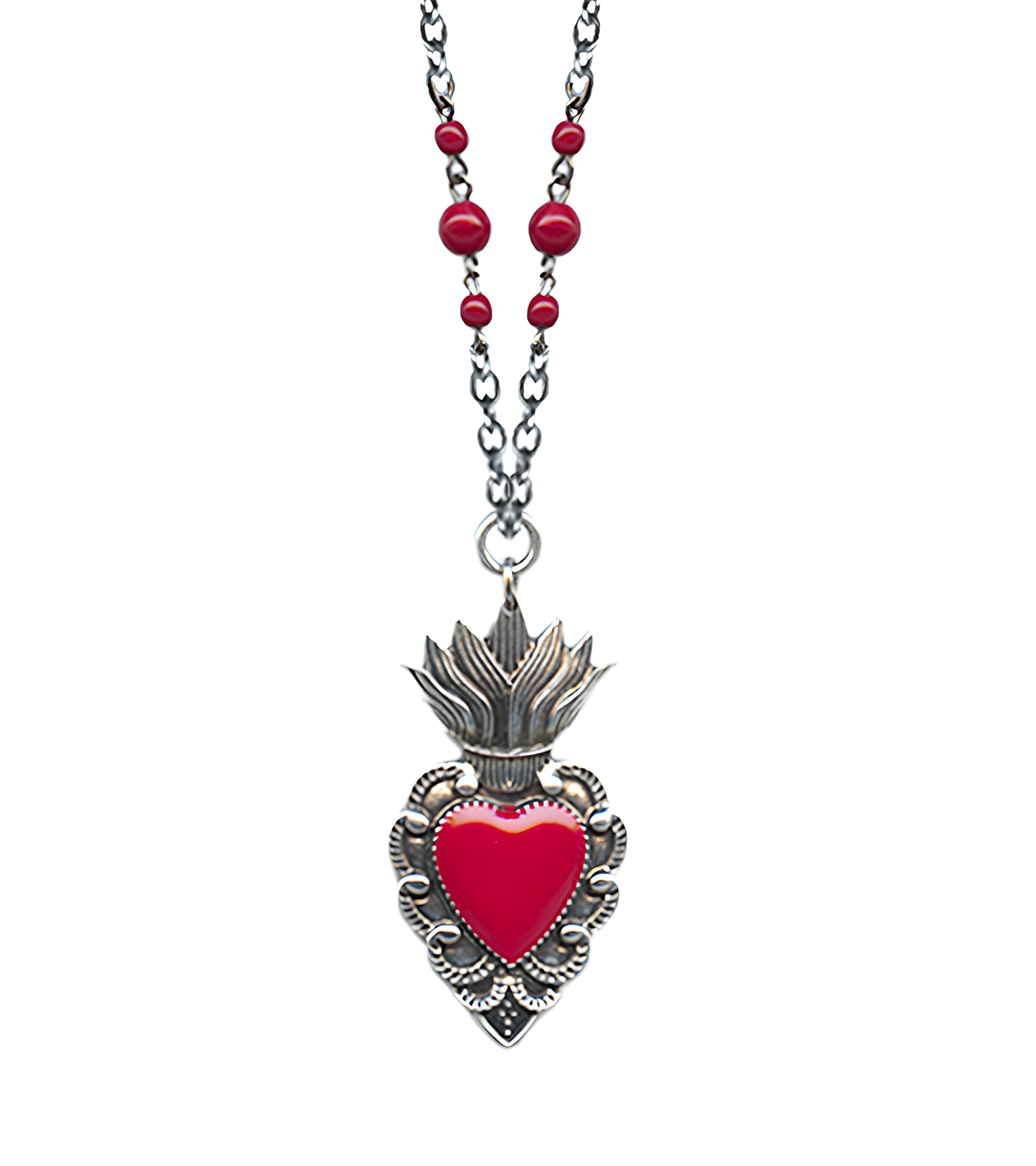 Sacred Heart Beaded Chain Pendant Necklace