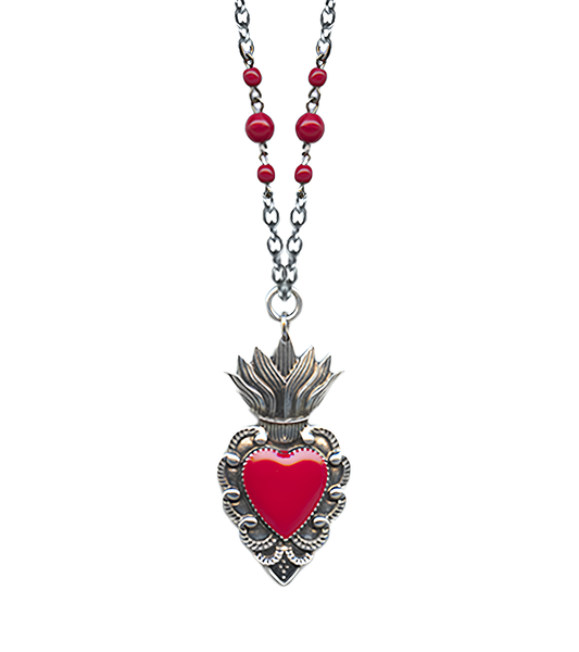 Sacred Heart Beaded Chain Pendant Necklace