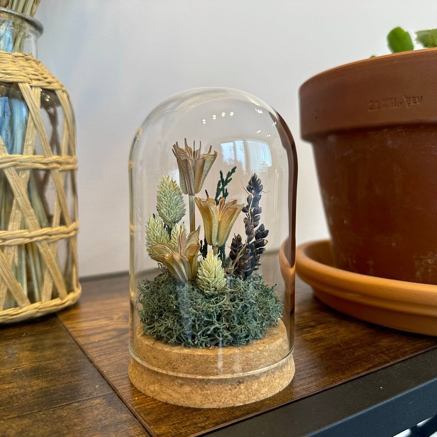 Large Botanical Glass Terrarium Jar w. Green Dried Florals: Short