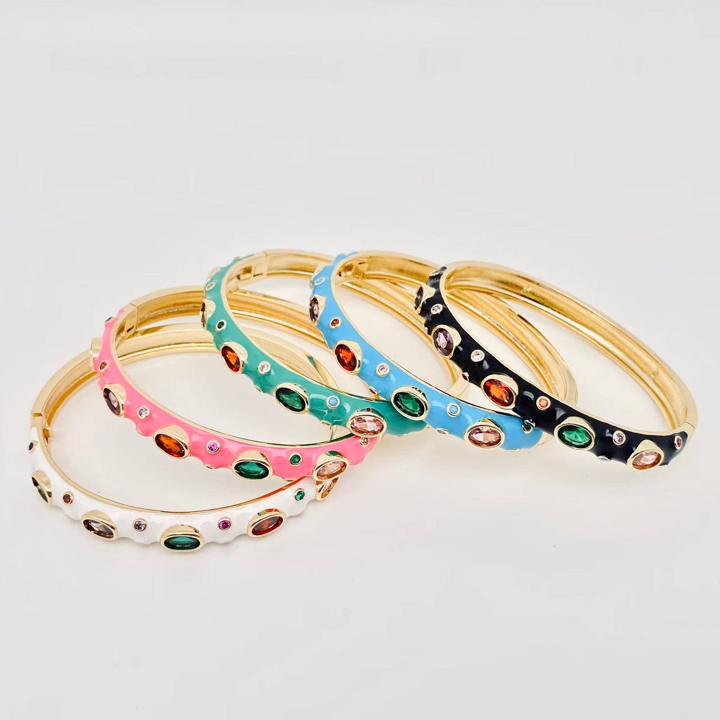 Inlaid Cubic Zirconia Gold Plated 8MM Enamel Bangle: Rose Red
