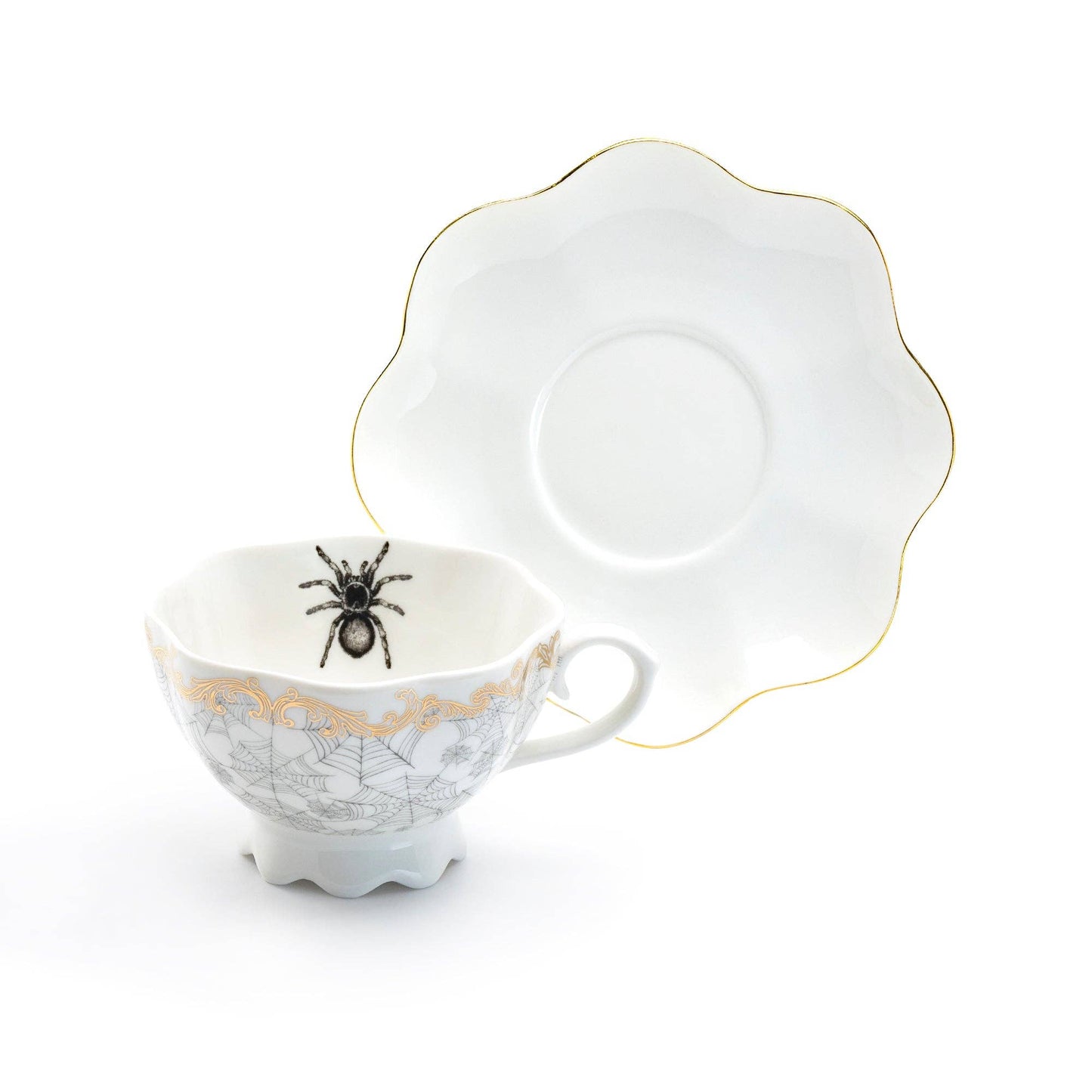 Spider Web White Gold Scallop 7.5oz Tea Cup And Saucer