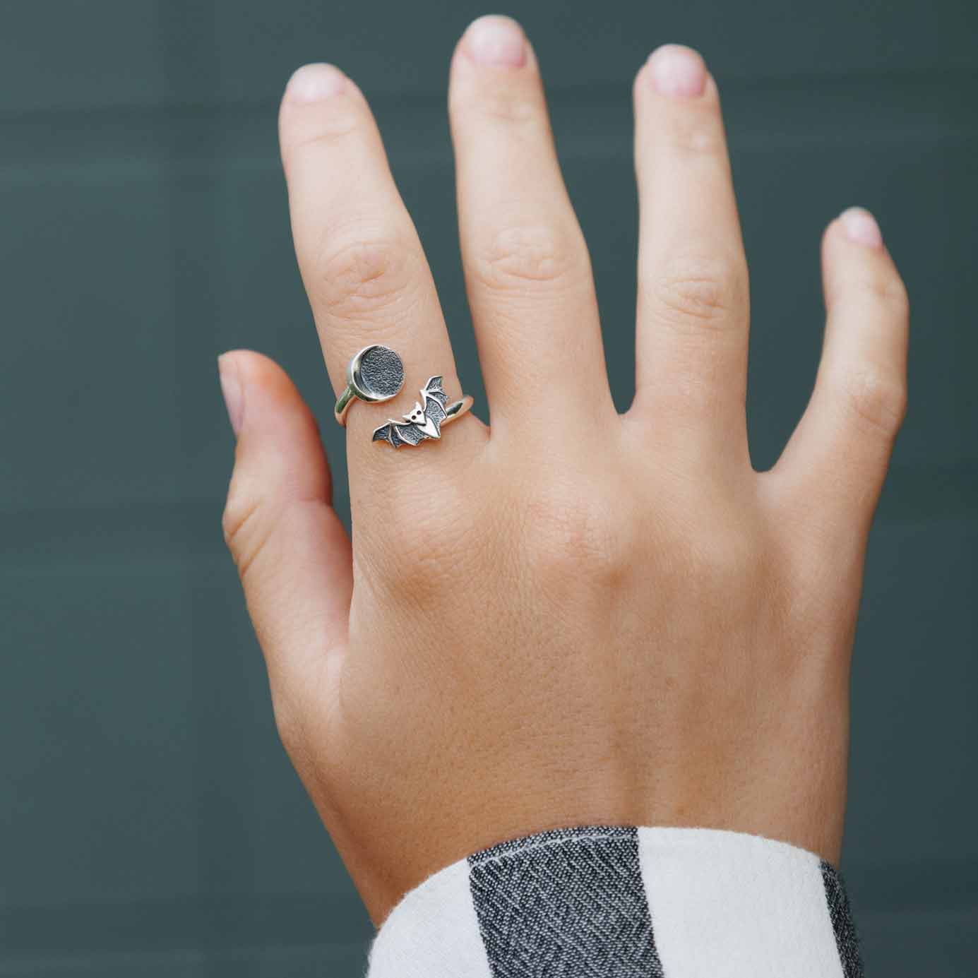 Adjustable Moon And Bat Ring: Sterling Silver