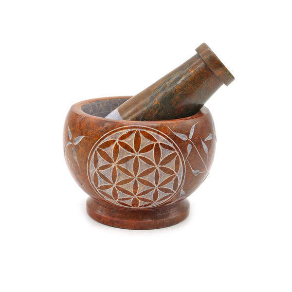 Soapstone Mortar & Pestle - Orange Flower of Life