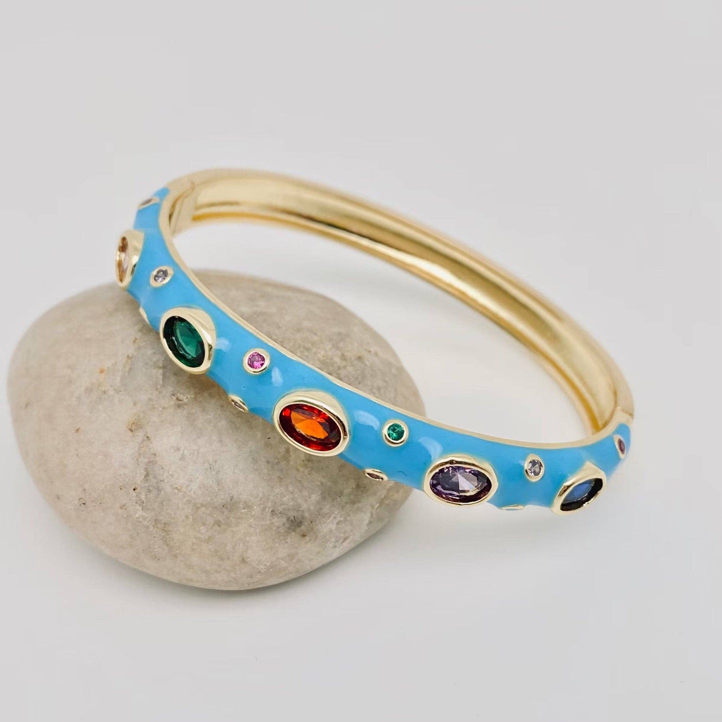 Inlaid Cubic Zirconia Gold Plated 8MM Enamel Bangle: Black
