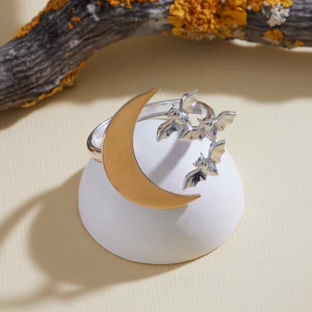 Mixed Metal Adjustable Bat Cluster And Moon Ring