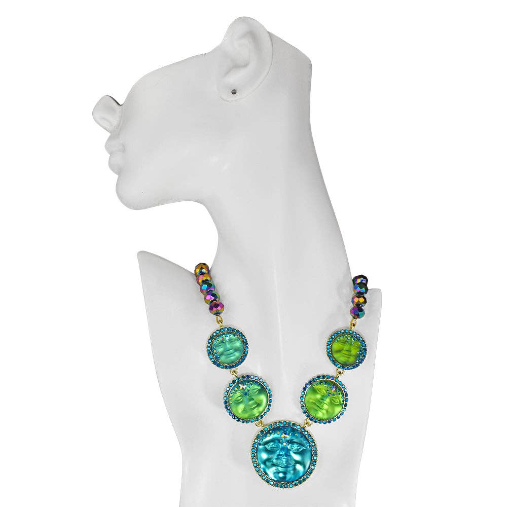 Venus Mystic Seaview Moon 5 Stone Necklace (Goldtone/Mystic Green Sphinx)