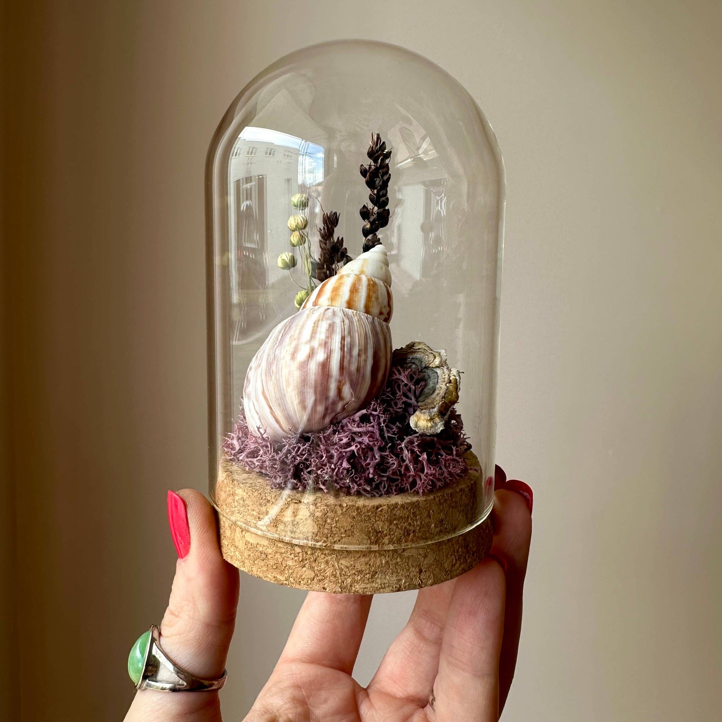 Large Purple Beach Glass Terrarium w. Shells & Dried Florals: Tall
